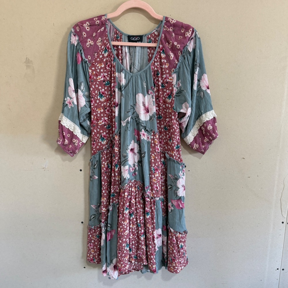 GIGIO USA Mixed Floral Patchwork Mini Dress Sage Mauve Boho Lace Trim Small